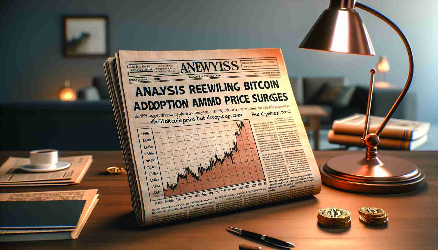 Realistic high-definition image of a newspaper headline reading 'Analysis Reveals Dwindling Bitcoin Adoption Amid Price Surges', accompanied by a graph showing the correlation between Bitcoin prices and its adoption rate over time. The graph should show high levels of Bitcoin price but decreasing adoption. The background should be a neutral blurred scene of a typical study room with a desk, lamp and coffee mug for a warm inviting atmosphere.