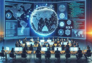 High definition realistic image of a symbolic scene depicting the launch of an initiative, aimed at integrating blockchain technology into humanitarian assistance. The scene includes computer screens displaying code and blockchain graphics, a globe representing worldwide assistance, and diverse team of men and women of various descents including Hispanic, Caucasian, Black, South Asian, and Middle-Eastern actively engaged in discussions and preparations.