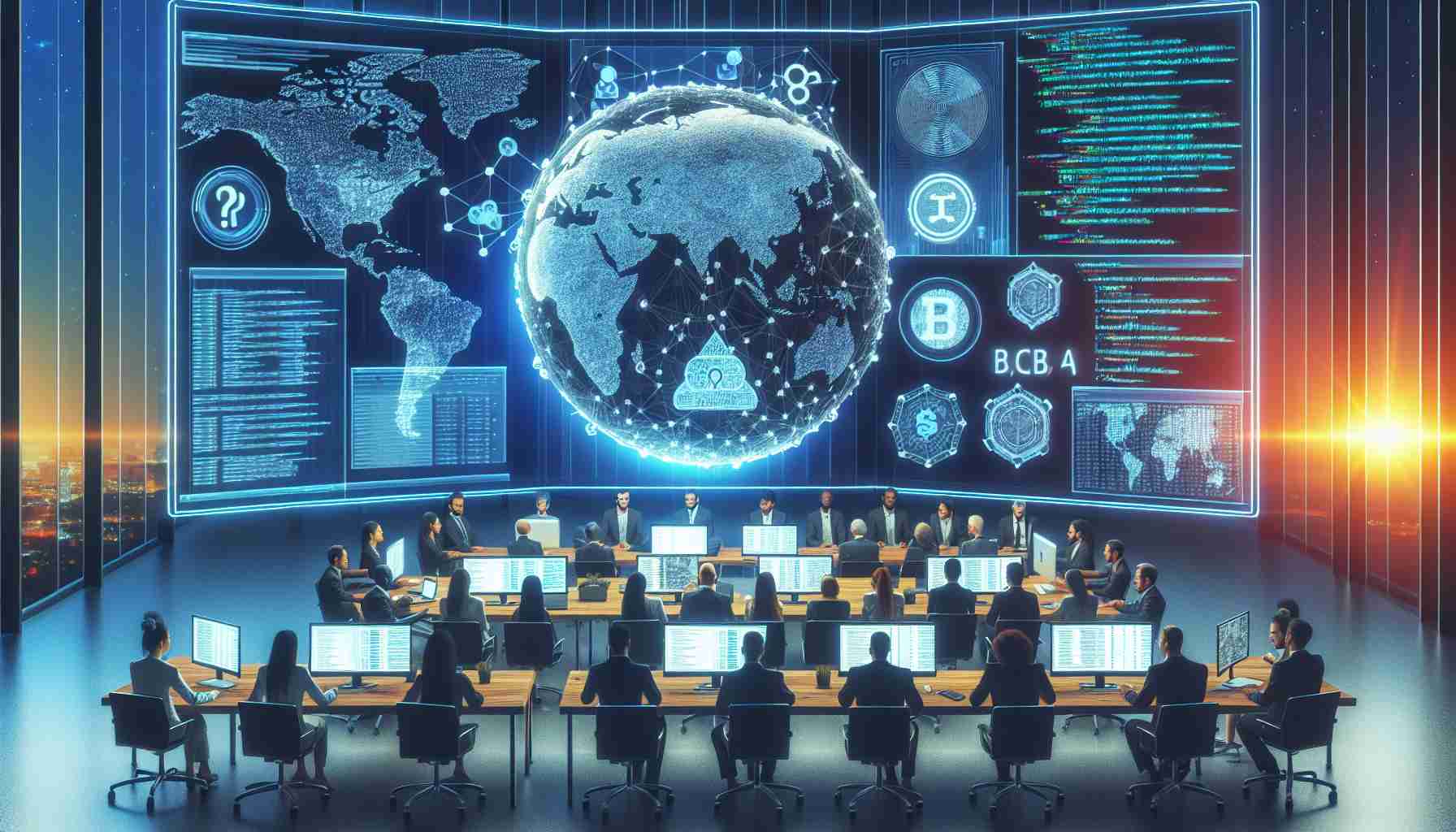 High definition realistic image of a symbolic scene depicting the launch of an initiative, aimed at integrating blockchain technology into humanitarian assistance. The scene includes computer screens displaying code and blockchain graphics, a globe representing worldwide assistance, and diverse team of men and women of various descents including Hispanic, Caucasian, Black, South Asian, and Middle-Eastern actively engaged in discussions and preparations.