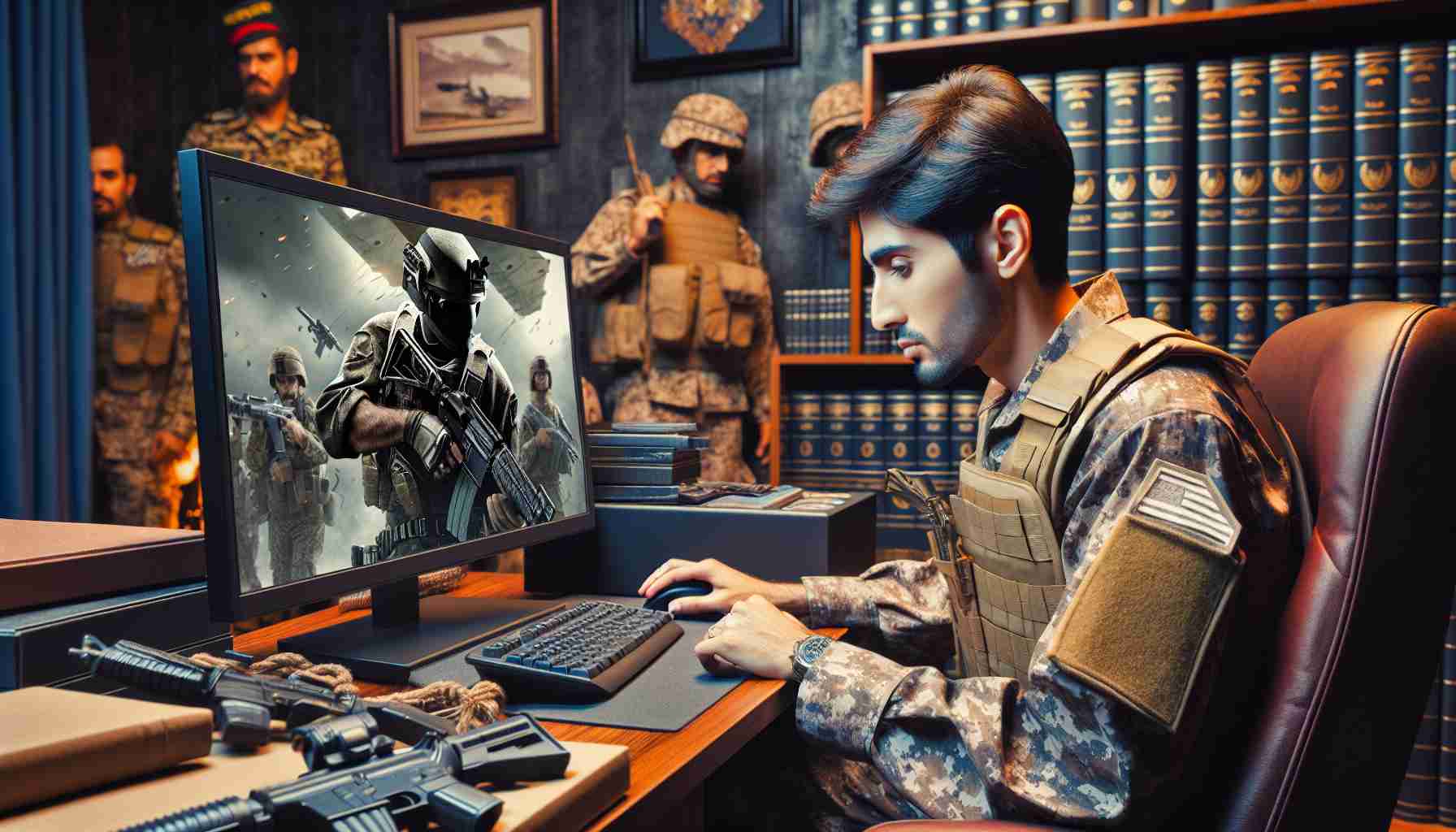 Realistic high-definition image of an individual in Iranian military uniform, indicating that a video game may have an impact on the election scenario. The scene unfolds in a room filled with military memorabilia, where the individual, an Asian male, is intently studying a computer screen displaying a popular video game. The atmosphere of the room is serious, illuminating the potential influence of contemporary digital media on major societal events.