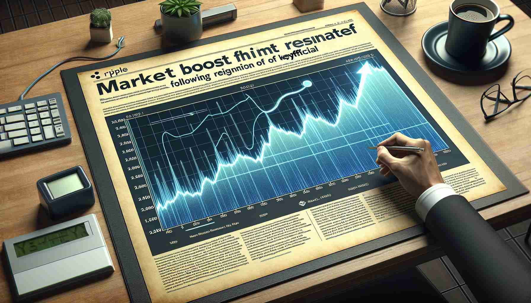 Create a realistic, high-definition image of a boost in the market, represented by a graph with a drastic upward trend. The graph is for Ripple's XRP cryptocurrency, and include a headline banner at the top of the image stating 'Market Boost Following Resignation of Key Official'.