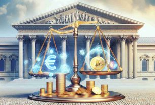 Generate a realistic HD photo presenting a symbolic representation of the EU escalating economic actions through the use of cryptocurrency sanctions. Depict a large, ornate scale with traditional European architectures in the background. On one side of the scale, place a stack of gold coins with the symbol of the Euro, and on the other, a holographic representation of various cryptocurrencies. Please ensure it effectively communicates the concept of economic regulatory measures.