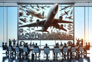 Create a high-definition, photorealistic image depicting a figurative representation of a large corporate deal involving two major aerospace companies. One company, symbolized as a large, modern passenger airplane, and the other, represented by an array of airplane components, coming together under an overarching sign that reads '$4.34 Billion Deal'. Set this dynamic scene in an office environment with a glass-walled conference room in the background, filled with diverse male and female business professionals celebrating their successful agreement.