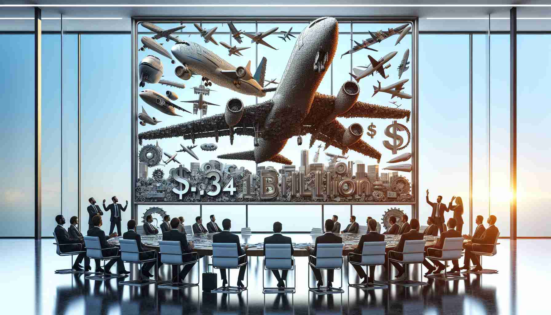 Create a high-definition, photorealistic image depicting a figurative representation of a large corporate deal involving two major aerospace companies. One company, symbolized as a large, modern passenger airplane, and the other, represented by an array of airplane components, coming together under an overarching sign that reads '$4.34 Billion Deal'. Set this dynamic scene in an office environment with a glass-walled conference room in the background, filled with diverse male and female business professionals celebrating their successful agreement.