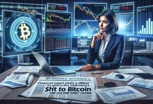 Create a realistic high-definition image of a South Asian female financial expert, professionally dressed, sitting at a contemporary desk filled with financial charts, computer screens and a ticker tape. She is thoughtfully looking at a screen representing the Bitcoin logo. The headline on a nearby business newspaper reads 'Financial Expert Predicts Shift to Bitcoin Amid Bond Market Concerns'. The scene also shows a fluctuating market chart, highlighting the current bond market uncertainties.