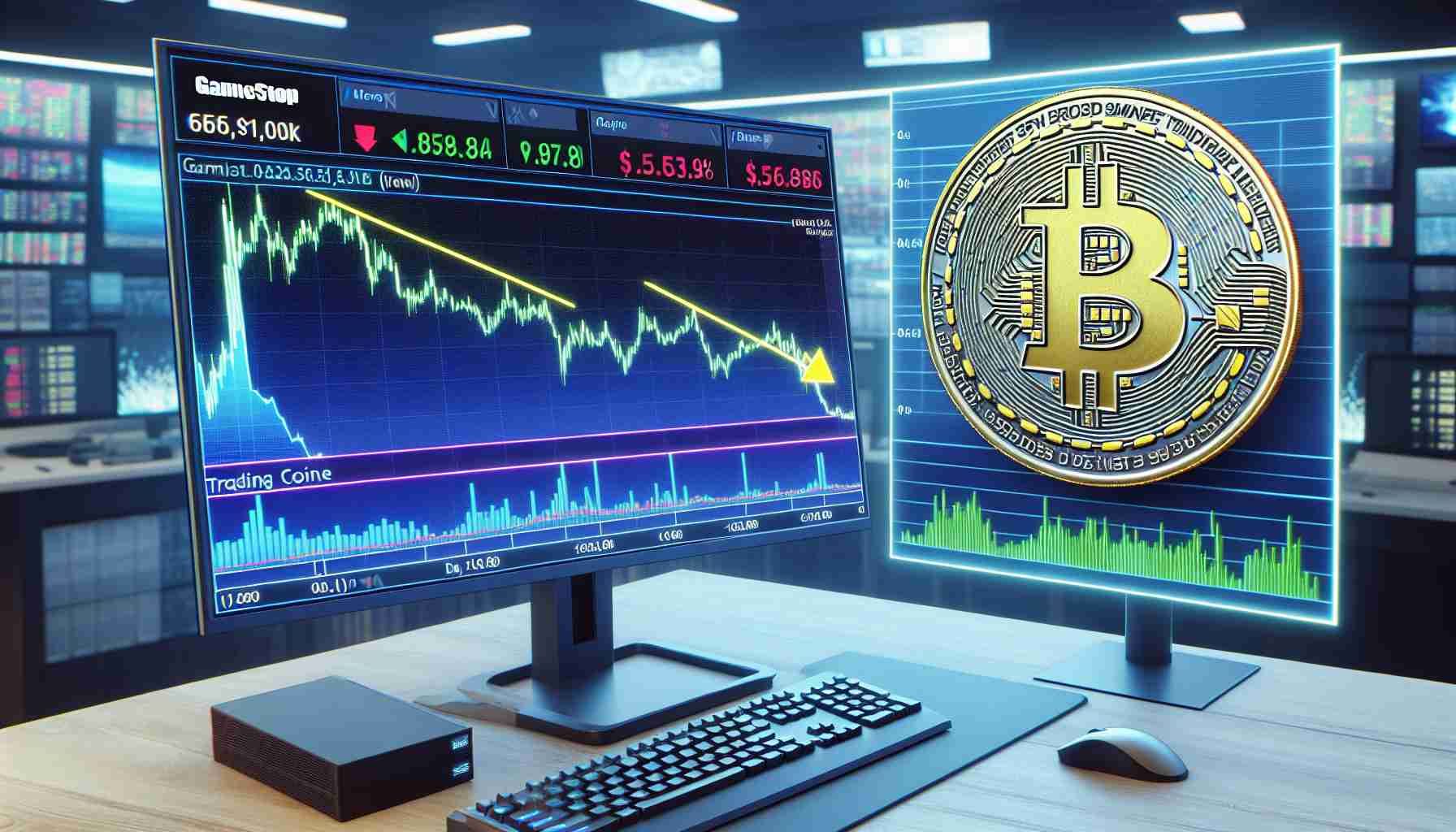 Create a realistic high-definition image of a visual representation of GameStop's volatile stock market journey using graphs and charts on a computer screen. Include another section that shows the dip of a generic Meme Coin represented through a declining line in a trading graph. Both graphs should be filled with statistical indicators and numerical data for a detailed analysis.