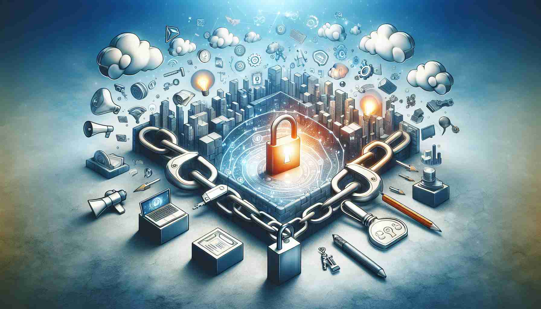 Generate a high-definition, realistic illustration that conveys the concept of unlocking potential in blockchain technology through effective content marketing strategies. The image may include symbols such as keys and locks representing 'unlocking potential', an abstract representation of blockchain as interconnected blocks or chains, and tools or symbols representing content marketing like a pen, paper, megaphone, or laptop. The scene should convey a fusion of technology and marketing prowess.