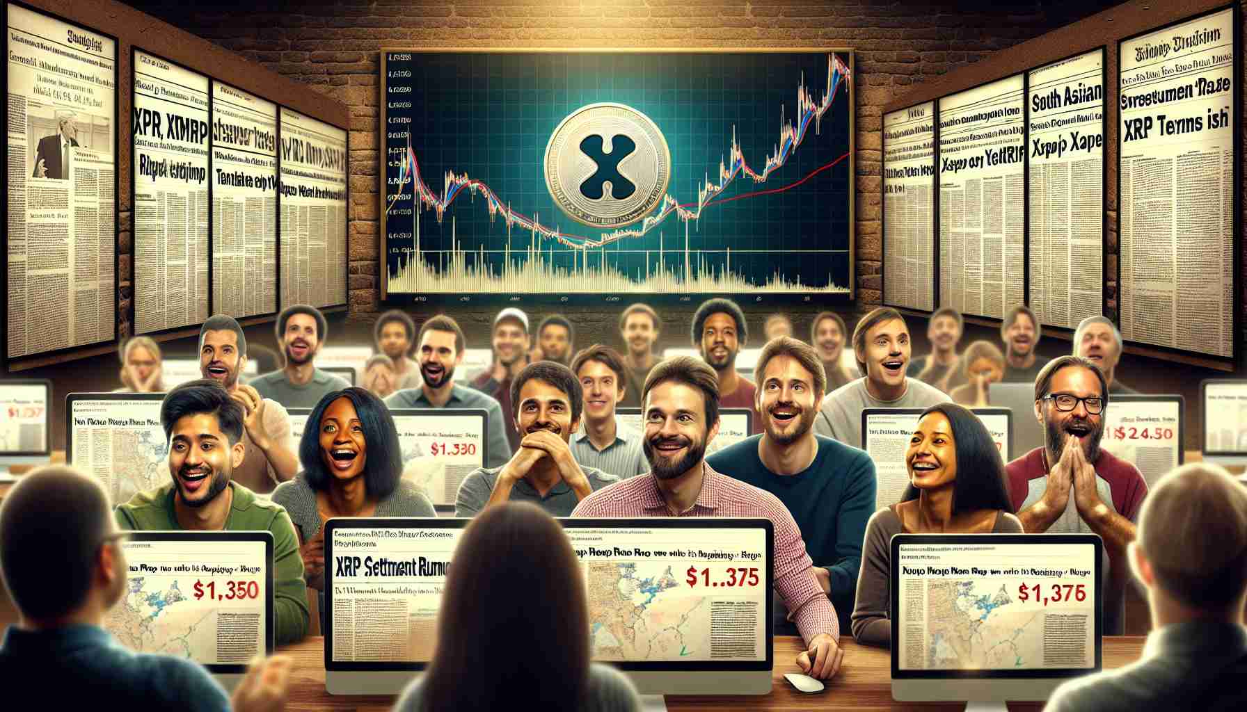 Create a realistic HD image portraying a group of cryptocurrency enthusiasts, each from different descents such as Middle-Eastern, Hispanic, Black, and South Asian, in a room filled with screens displaying XRP price charts. They are showing anticipation and excitement as the price charts indicate that XRP is nearing $1.375. The background should subtly hint at various newspaper clippings and online articles hinting towards settlement rumors about XRP.