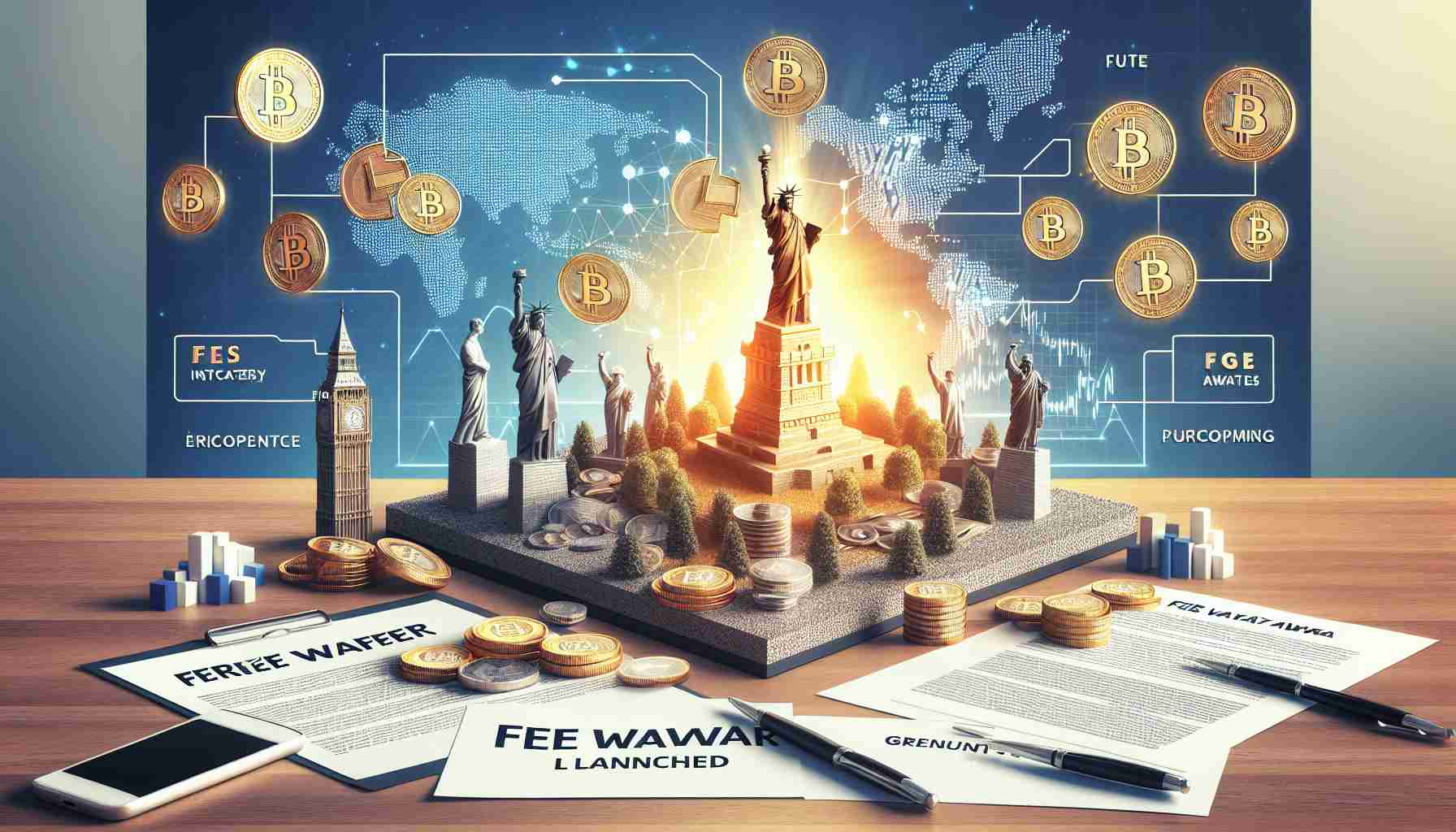 Generate a realistic, high-definition image of a launched strategy for fee waiver, with references to a European cryptocurrency fund. The strategy represents a new and unprecedented move. The image can include concept art like coins representing cryptocurrency, European landmarks pointing to the European focus of the fund, and documents or charts showing the fee waiver strategy.