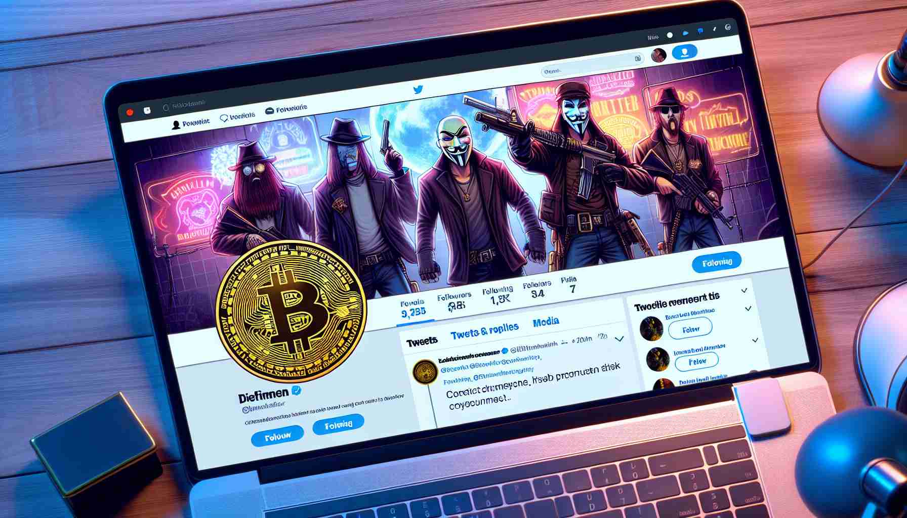 High definition image showcasing a non-existent promotion for a cryptocurrency, falsely attributed to a well-known rock band, which appears to have been illegally inserted into the band's social media page. The internet page layout should depict the distinctive characteristics of the Twitter platform.