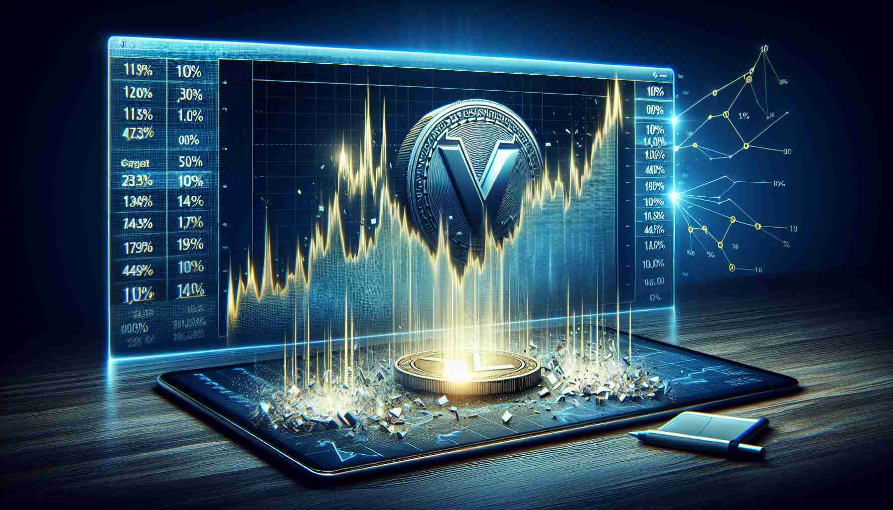 A realistic high definition image illustrating a financial market scenario where the AVAX cryptocurrency is experiencing a massive movement, represented by a dramatic 10% drop in its value. Visualize this as a graph or chart on a sleek digital display. Include numbers and percentages to highlight the significant change, along with symbols signifying the AVAX currency. Please also depict adding a shaken or chaotic touch to the scene to indicate market instability caused by this value drop.