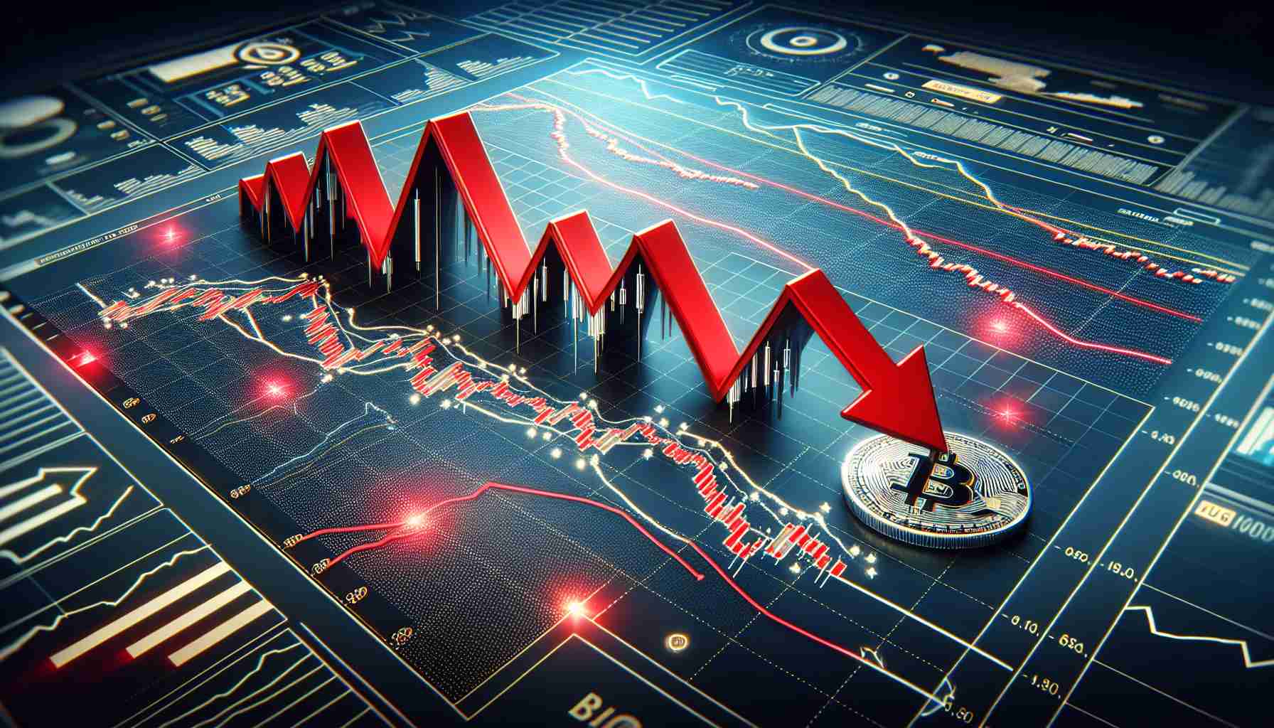 High-definition realistic illustration showing the graphic representation of a cryptocurrency, specifically a token named Lista DAO, experiencing a significant drop. The image has red arrows pointing downward on a graph which symbolizes its plummeting value. The graph is dotted with various technical indicators like moving averages and Bollinger bands that hint at a potentially further downturn.