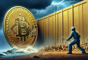 A highly detailed, realistic illustration of the concept of Bitcoin encountering resistance and retreating below $60,000. The image could show a symbolic representation of Bitcoin, such as a shiny, golden coin with the Bitcoin symbol on it, facing a barricade or wall labeled '60,000.' Behind the wall, imagine tumultuous weather illustrating the retreat. However, the Bitcoin coin stands resilient, indicating the volatile but enduring nature of the cryptocurrency.