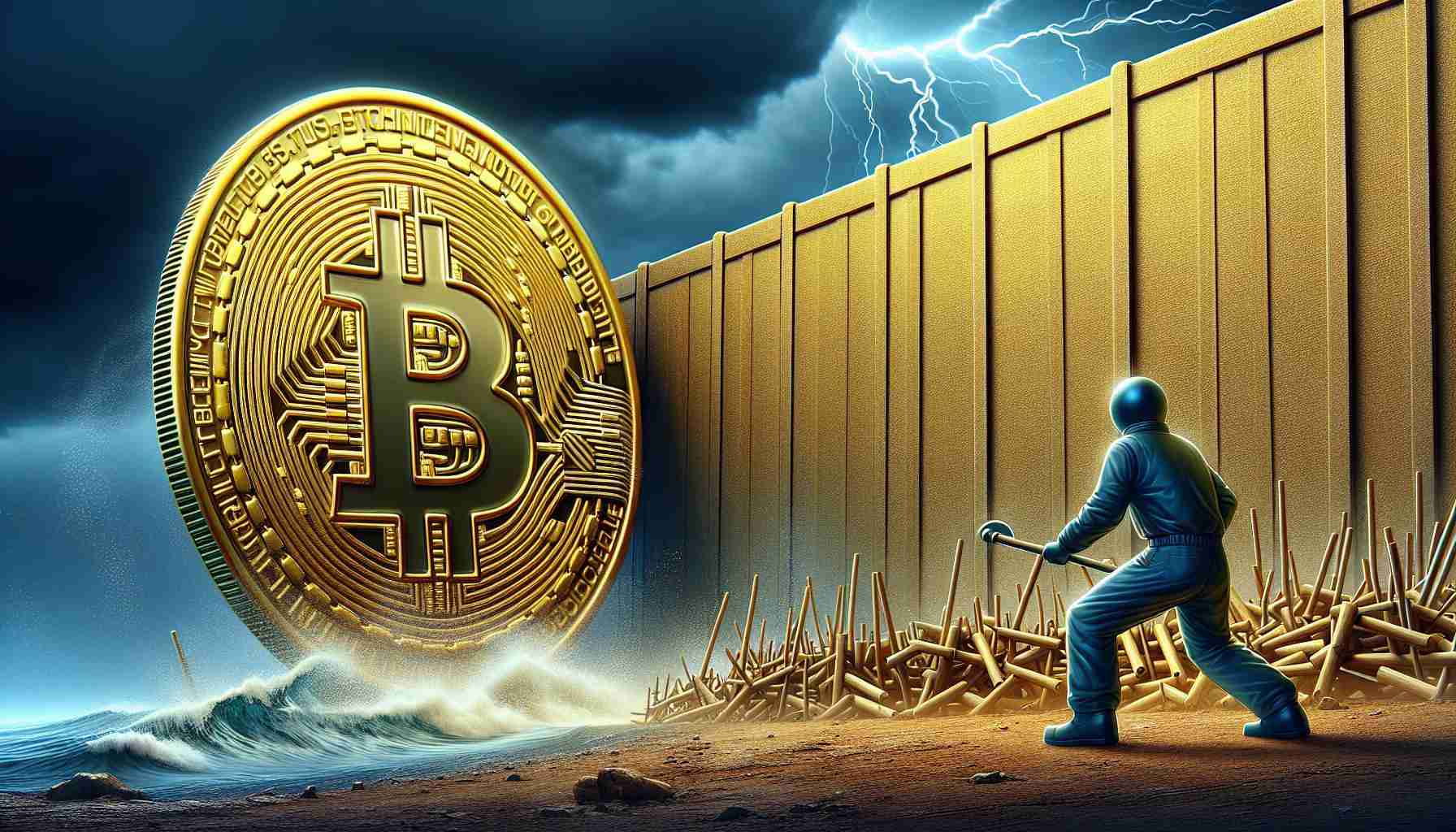 A highly detailed, realistic illustration of the concept of Bitcoin encountering resistance and retreating below $60,000. The image could show a symbolic representation of Bitcoin, such as a shiny, golden coin with the Bitcoin symbol on it, facing a barricade or wall labeled '60,000.' Behind the wall, imagine tumultuous weather illustrating the retreat. However, the Bitcoin coin stands resilient, indicating the volatile but enduring nature of the cryptocurrency.