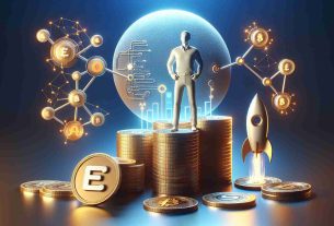 A realistic, high-definition image representing the concept of ENSO raising capital for a cryptocurrency connectivity platform and an upcoming blockchain launch. The picture might include symbolistic elements like a figurative 'ENSO' standing tall, a pile of coins or tokens signifying capital, connections or networks denoting the connectivity platform, and a rocket or similar icon indicating the upcoming blockchain launch. Use modern and sleek design aesthetic to align with the technology theme.