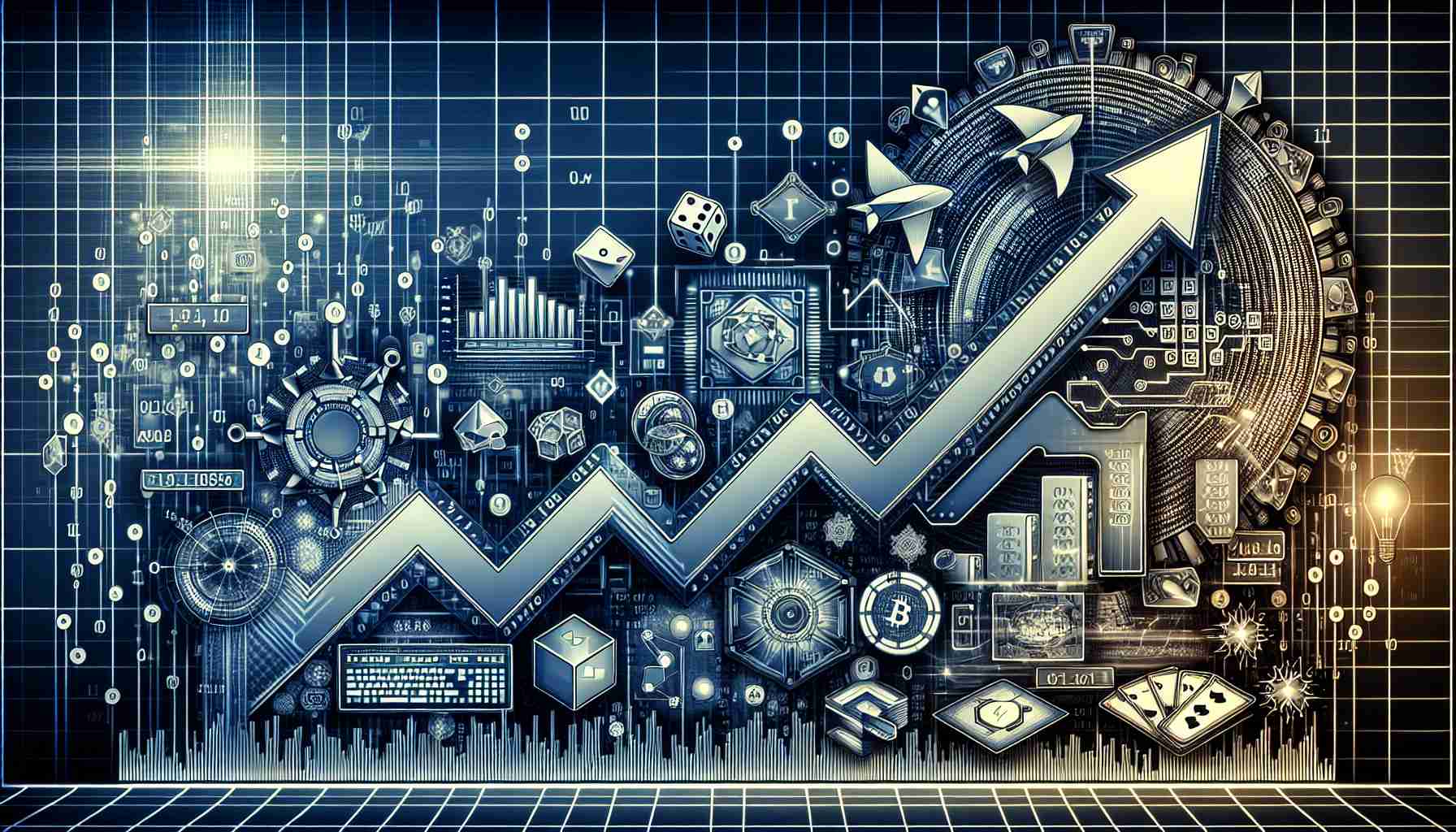 Detailed and high-resolution image representing the rise of a non-specific digital currency, symbolizing the dawn of a new era in online blockchain gaming platforms. The image consists of an upwards moving graph, reflecting the surge of the digital currency, with designs suggesting technological advancement and gaming culture. Elements such as binary codes, game controllers, dice, and cards subtly integrated into the design to depict the intersection of gaming and blockchain technology.