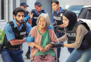 Create a high-definition realistic photo showcasing an incident of a scam being thwarted. The focal point of the image should be an elderly Asian woman, who was saved from being scammed, and a young Middle Eastern good Samaritan who noticed and took action to prevent it. Add to the scene an active police response, showcasing officers of various genders and descents responding promptly to the situation.