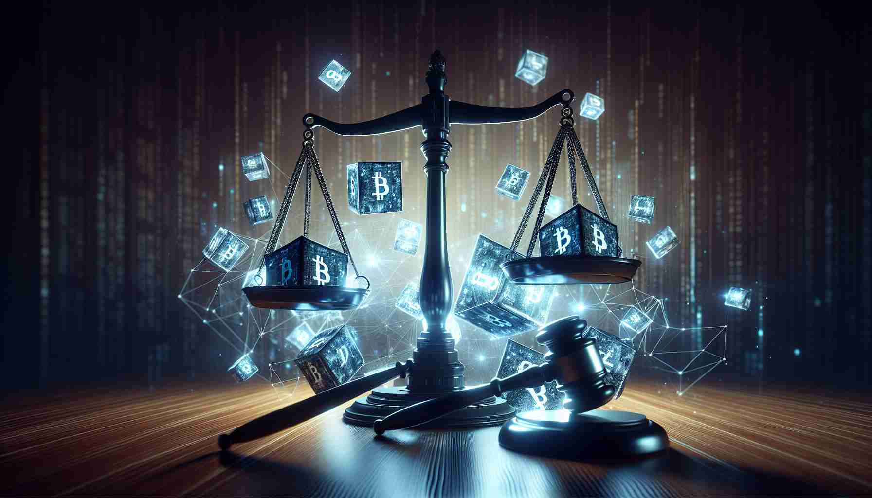 A high-definition, realistic image portraying a metaphorical representation of a financial regulatory authority taking legal action against a blockchain technology company over alleged unregistered broker activities. The scene might feature a balanced scale, symbolising law and justice, a hammer, symbolising judicial authority and a digital touch by incorporating elements of cryptocurrency and blockchain.