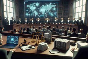 Realistic HD photo of a courtroom scene, complete with a panel of judges, lawyers, and concerned faces in the gallery. Visible elements include a gavel, the scales of justice, and a stack of binders labeled 'Binance Suit'. A holographic screen in the background displays a complex graph, symbolizing token dynamics. The air in the room is tense, underlining the gravity of the pending decision.