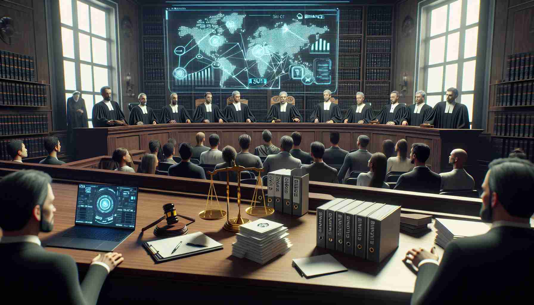 Realistic HD photo of a courtroom scene, complete with a panel of judges, lawyers, and concerned faces in the gallery. Visible elements include a gavel, the scales of justice, and a stack of binders labeled 'Binance Suit'. A holographic screen in the background displays a complex graph, symbolizing token dynamics. The air in the room is tense, underlining the gravity of the pending decision.