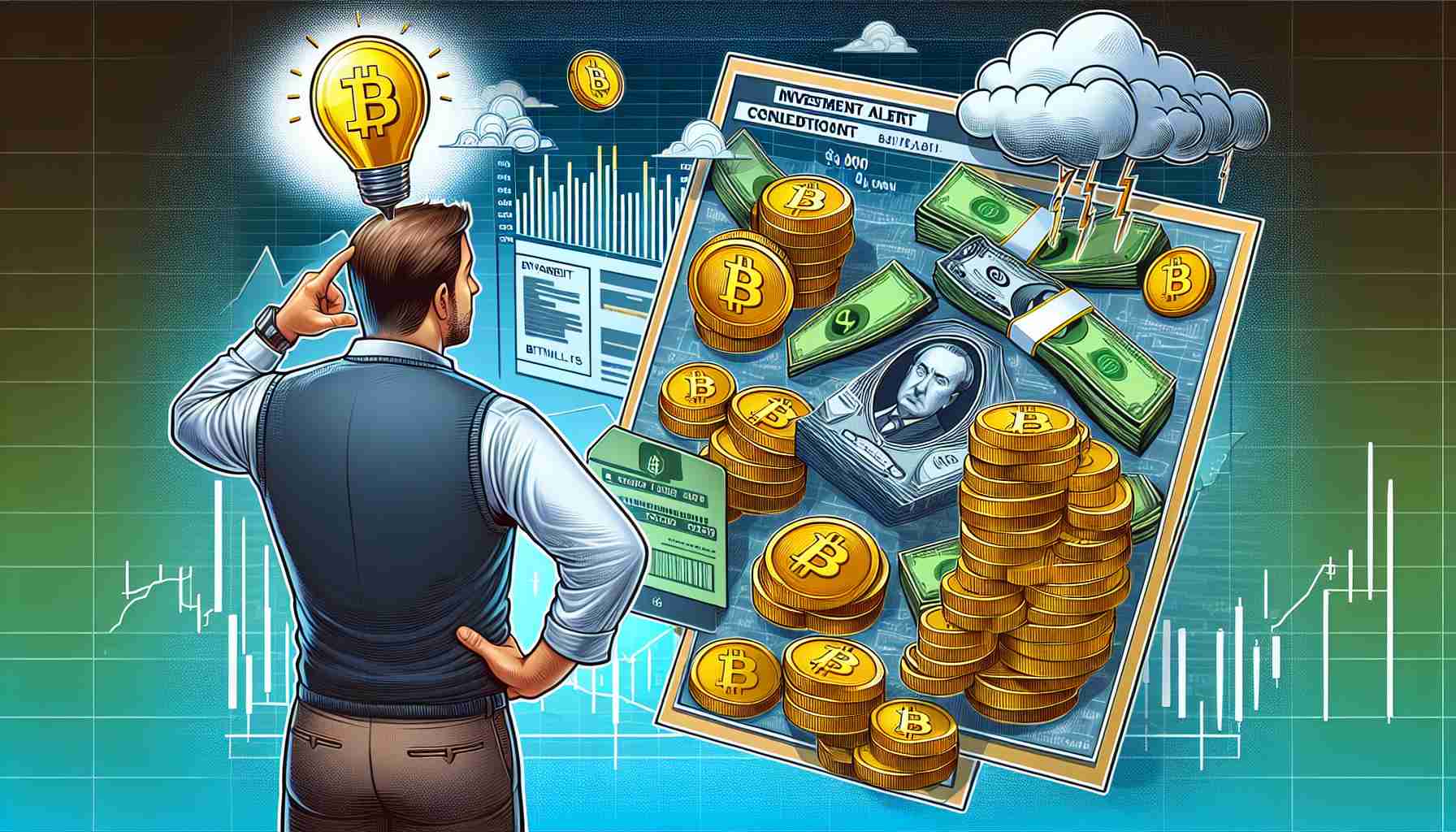 A detailed illustration presenting a scenario of Investment Alert: a prominent figure contemplating a conditional $10 Million Bitcoin move could possibly stimulate the cryptocurrency market.