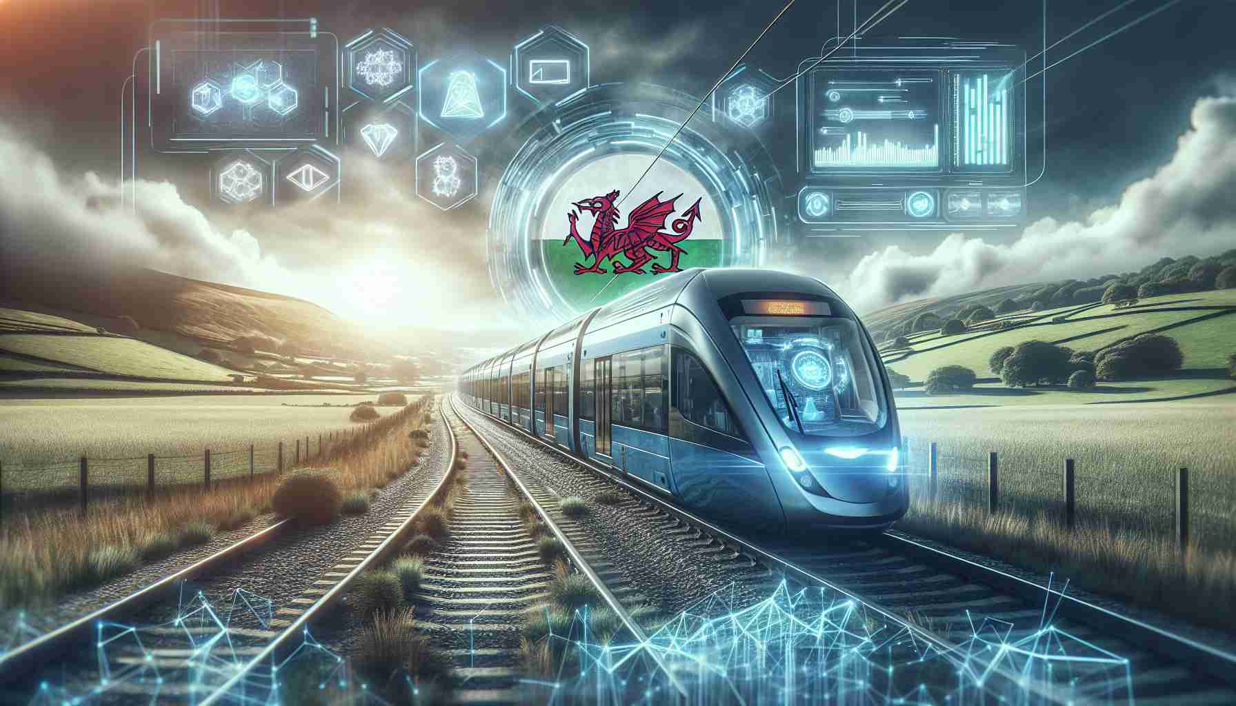 Generate a high-quality, realistic image depicting a futuristic concept of public transport revolutionized by blockchain technology. The scene should ideally include a state-of-the-art train or bus, a digital interface showing blockchain processes, and representation of Wales like a dragon or a flag. The landscape should be modern and sleek, symbolizing technological advancement. This conceptual image is inspired by the idea of improving public transport through innovative solutions.