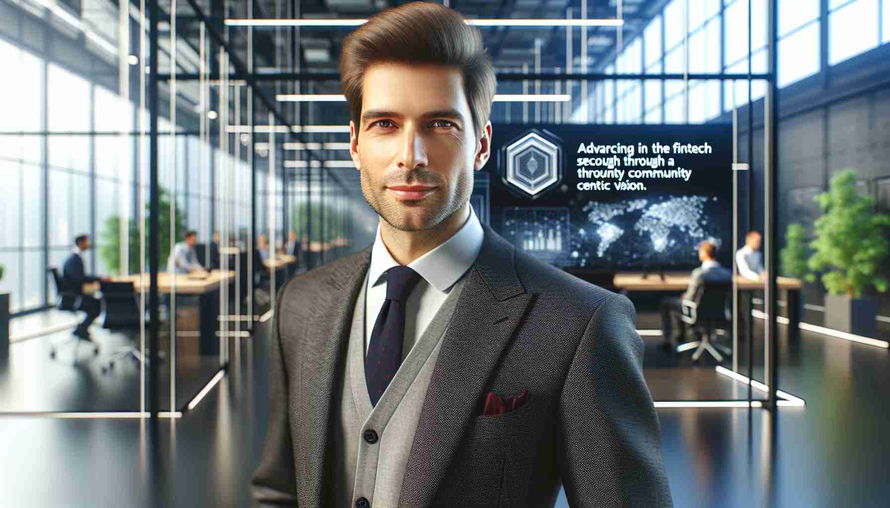 Realistic high-definition image of a tech entrepreneur advancing the FinTech sector through a community-centric vision. He possesses an approachable demeanor, showcasing a sense of calm and confidence. Clad in formal attire with a distinct sense of style, he stands in an innovative, modern office environment brimming with the latest technological advancements.