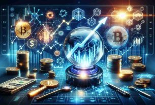 Create a high-definition, realistic image representing the surge in the Fintech Blockchain Market. The image should creatively incorporate symbolic elements such as charts exhibiting an upward trend, digital coins or blockchain symbols for Fintech, and elements that illustrate the prediction or forecasting aspect - perhaps a crystal ball or a futuristic digital interface.