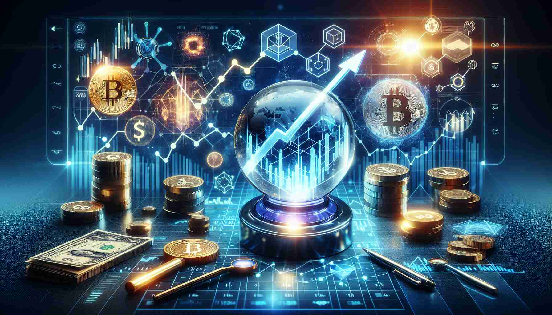 Create a high-definition, realistic image representing the surge in the Fintech Blockchain Market. The image should creatively incorporate symbolic elements such as charts exhibiting an upward trend, digital coins or blockchain symbols for Fintech, and elements that illustrate the prediction or forecasting aspect - perhaps a crystal ball or a futuristic digital interface.