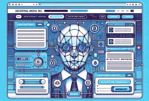 Detailed illustration of a website titled Decentral Media Inc, that is demonstrating the use of artificial intelligence in cryptocurrency news reporting. The web layout features sections indicating content limitations. Visual elements include navigation bars, clickable buttons, and interactive forms. It has a businesslike and professional aesthetic, with a balanced blend of text and graphical elements. Elements of cutting-edge technology can be seen in various corners of the website, symbolizing the blend of AI and crypto reporting. The color palette comprises cool, objective hues representing the tech and financial sectors.