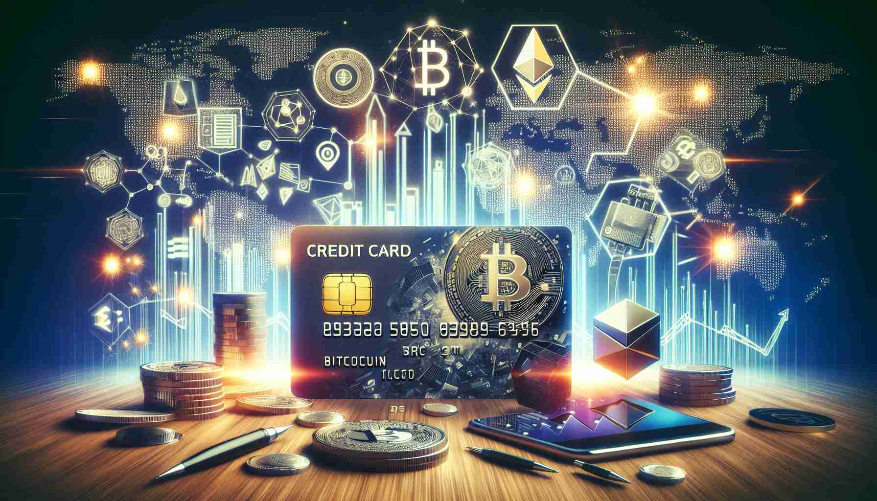 Generate a high-definition depiction that emulates a realistic photography style, illustrating the concept of 'explosive growth predicted for the cryptocurrency credit card industry'. The scene could include charts and graphs showing significant growth, credit cards embedded with microchips symbolizing the digital nature of cryptocurrency, and various symbols or icons from the world of crypto like Bitcoin, Ethereum, and others, highlighted prominently. Ensure the color scheme and style of the image conveys optimism and growth. Avoid including any particular brand logos or identifying elements.