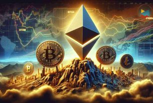 A detailed High Definition image representing the concept of Ethereum asserting dominance in the shake-up of the cryptocurrency market. The main focus is an imposing, bold symbol of Ethereum, with other cryptocurrency symbols, like Bitcoin and Litecoin, lagging behind. Around them, the scene depicts a tumultuous market landscape filled with graphs and charts displaying a volatile situation, emphasizing the central Ethereum symbol as a stable, dominant force.