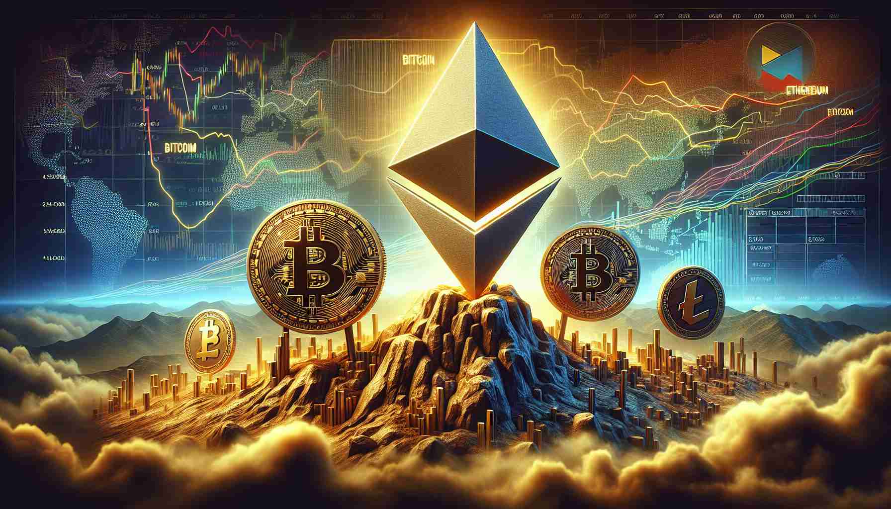 A detailed High Definition image representing the concept of Ethereum asserting dominance in the shake-up of the cryptocurrency market. The main focus is an imposing, bold symbol of Ethereum, with other cryptocurrency symbols, like Bitcoin and Litecoin, lagging behind. Around them, the scene depicts a tumultuous market landscape filled with graphs and charts displaying a volatile situation, emphasizing the central Ethereum symbol as a stable, dominant force.