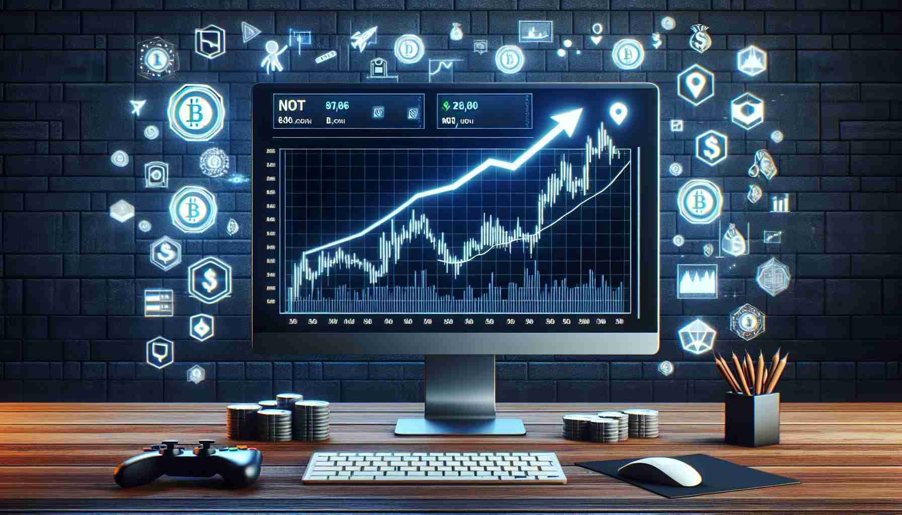 Create a realistic, high-definition image showcasing a fictitious 'Notcoin' skyrocketing in value in the virtual gaming token marketplace. The scene should represent a computer display with a live chart showing significant upward trends, with symbolic images of video gaming elements like controllers, characters, or bonus items scattered around the chart to represent the gaming market context. Information about market trends and numbers should also be present to emphasize the surge of Notcoin's value.