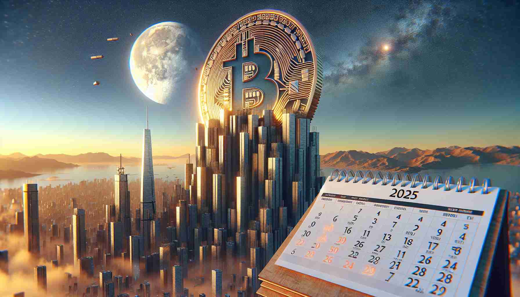 A hyper-realistic image of a Bitcoin symbol towering towards the sky, akin to a skyscraper. The surrounding cityscape fades into the distance with numerals '500,000' glowing in the sky. Placed in the scene is a calendar with the year '2025' prominently displayed.