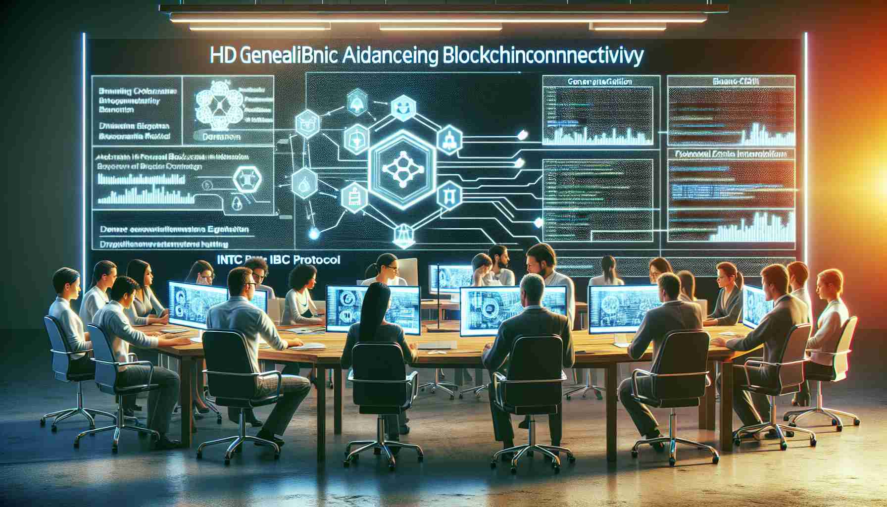 Create a realistic HD image of a generic non-profit organization advancing blockchain interconnectivity via the implementation of an IBC Protocol. The scene includes a group of diverse individuals engrossed in discussions with computer screens displaying complex blockchain data. Include the logos of the generic organization and the IBC Protocol prominently in the background. The overall atmosphere should suggest efficiency, cooperation, and technological innovation.