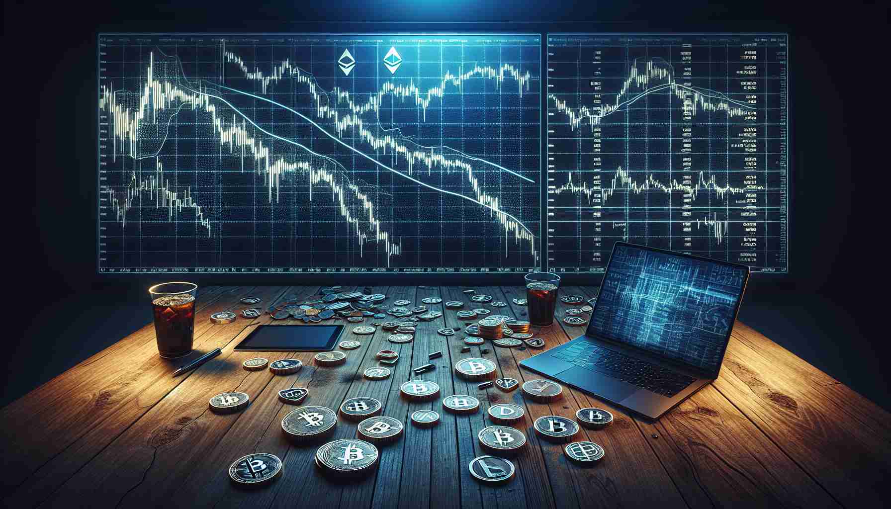 A realistic, high-definition image depicting a symbolic representation of Cryptocurrency markets facing a continuing decline. This can be illustrated through a darkly-lit room with stocks graphs on large screens showing a downward trend. Numerous digital symbols representing various cryptocurrencies like Bitcoin, Ethereum and Litecoin are scattered around. On a wooden desk in the foreground, there could be a laptop with a graph displaying a falling line, alongside cups of half-drunk cold coffee signifying long hours of monitoring. Coins might be lying scattered around, demonstrating the impact of the market’s downfall.