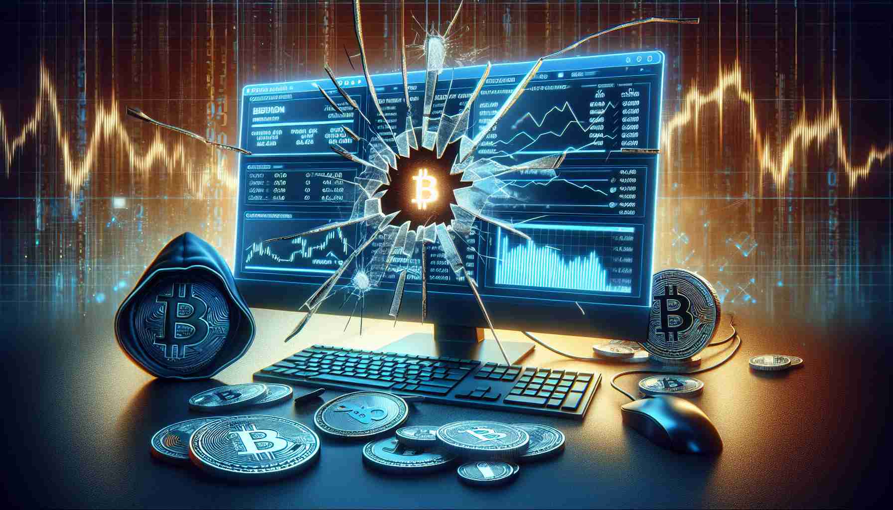 Create a detailed and highly realistic digital illustration that represents the unfortunate event of a cyber attack on a generic cryptocurrency tracking service. This event has resulted in the loss of multi-million dollar digital assets. The picture should feature a computer screen showing the figures and graphs of cryptocurrencies with the screen cracked, indicating a severe issue. The background should reflect a tense environment, giving a sense of urgency.