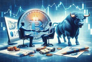 Create a realistic high-definition image showing a digital collaboration symbolizing a business partnership of two distinct entities. One represents an established cryptocurrency news outlet depicted by a coin with a desk, and the other, a bullish financial group represented by a fierce, bull figure. There are associated elements of finance and technology scattered around, but not directly related to any specific company.