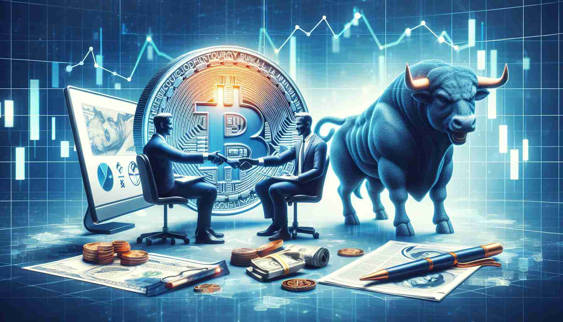 Create a realistic high-definition image showing a digital collaboration symbolizing a business partnership of two distinct entities. One represents an established cryptocurrency news outlet depicted by a coin with a desk, and the other, a bullish financial group represented by a fierce, bull figure. There are associated elements of finance and technology scattered around, but not directly related to any specific company.