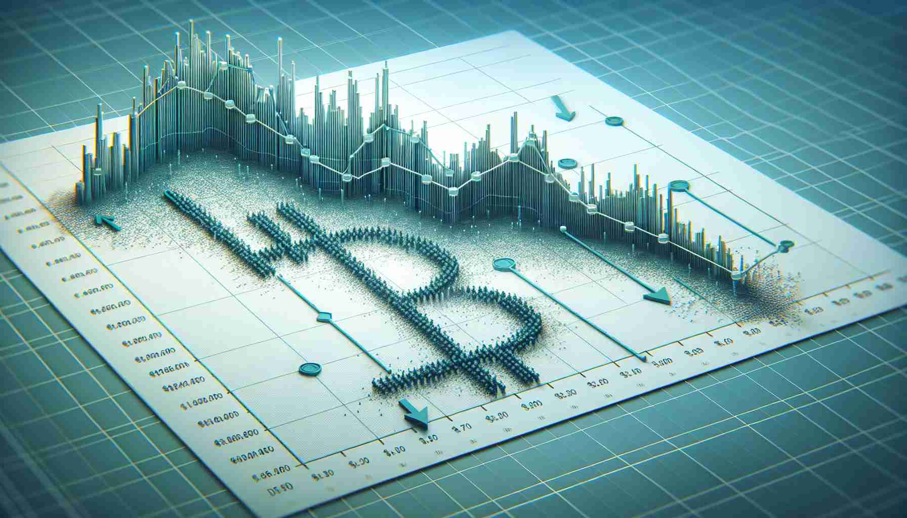 A high-definition, realistic illustration of a line graph indicating Bitcoin's downward trend, suggesting a possible fall to a value of $60,000. The graph should be larger at the center of the image, filled with points and lines representing fluctuation. Arrows and other indicators should highlight the declining trajectory. Use subtle tones of blue and green for the graph. The background should be clean and minimalistic, allowing the graph to stand out.