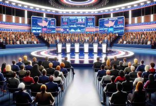 A high-definition, realistic image showcasing a generic political debate stage. The setting includes podiums for the candidates, a large audience looking eager, and screens displaying various graphs and statistics related to cryptocurrencies. The crowd comprises people from all walks of life, with varied descents such as Caucasian, Hispanic, Black, Middle-Eastern, South Asian, showing an interest in how the debate can influence their crypto investments. Please emphasize the anxiety, anticipation, and engagement of the audience and give a sense of the high stakes involved.