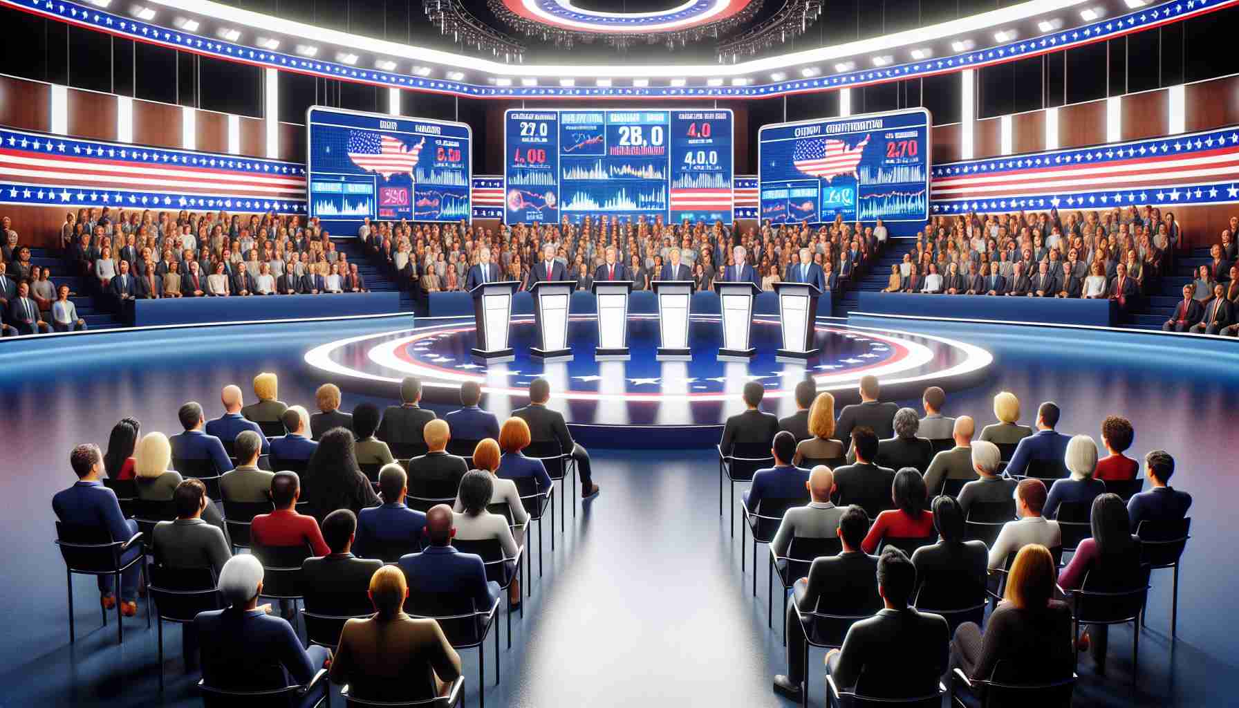 A high-definition, realistic image showcasing a generic political debate stage. The setting includes podiums for the candidates, a large audience looking eager, and screens displaying various graphs and statistics related to cryptocurrencies. The crowd comprises people from all walks of life, with varied descents such as Caucasian, Hispanic, Black, Middle-Eastern, South Asian, showing an interest in how the debate can influence their crypto investments. Please emphasize the anxiety, anticipation, and engagement of the audience and give a sense of the high stakes involved.