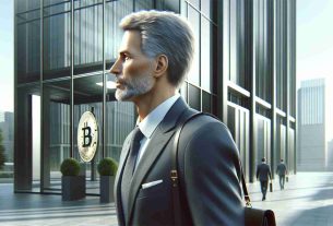 A realistic and high-definition image of a seasoned professional whose expertise lies in cryptocurrency regulation, walking away from a modern office building. This individual has served for many years in a notable capacity, enforcing strict rules and guidelines. The individual is middle-aged, South Asian descent, with grey hair, dressed in a professional business suit.