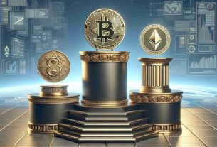 A high-definition, realistic image showcasing three decorated pedestals. Upon the first pedestal sits a coin with a stylized 'B' for Bitcoin, a well-established cryptocurrency. The second pedestal is adorned with a coin bearing an 'E' for Ethereum, another popular cryptocurrency. The third, slightly taller pedestal clasps a coin engraved with an 'X' for XRP. A grand, ascending staircase leads to the pedestals, symbolizing growth and exponential increases. The backdrop is a futuristic skyline teeming with advancing technologies, symbolizing the imminent end of the year.