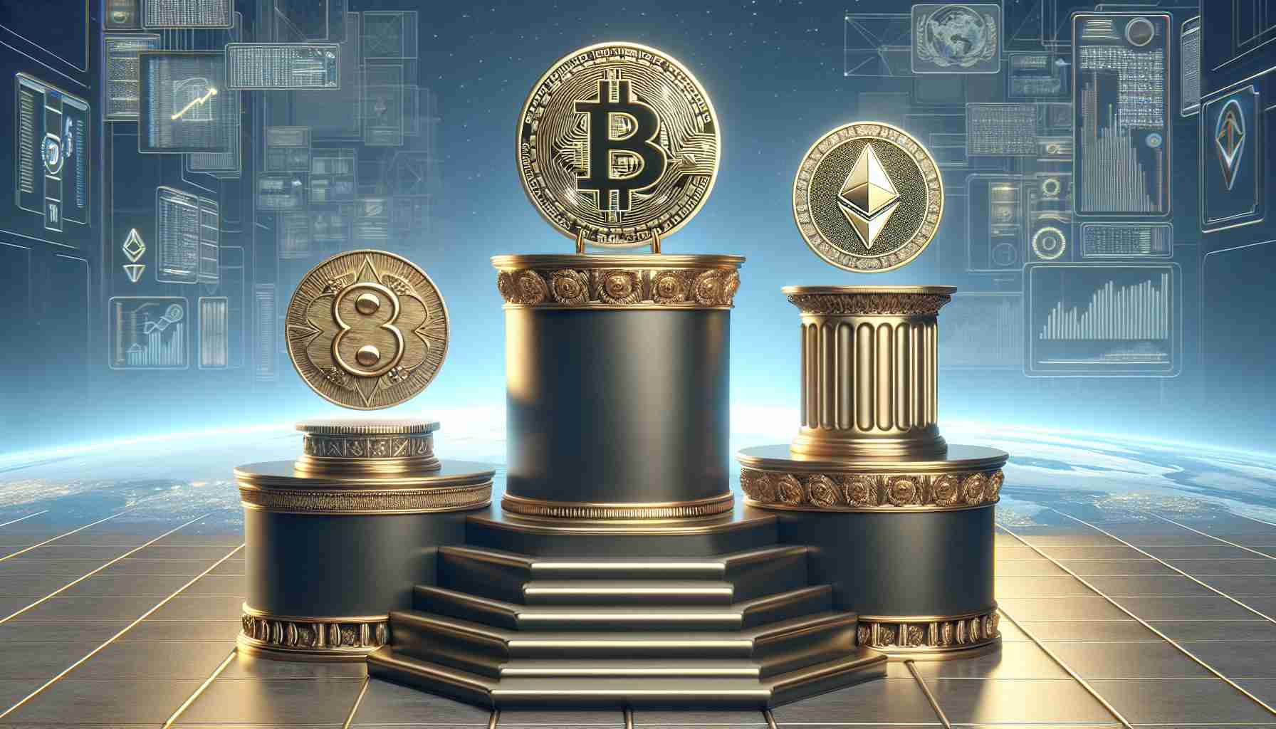 A high-definition, realistic image showcasing three decorated pedestals. Upon the first pedestal sits a coin with a stylized 'B' for Bitcoin, a well-established cryptocurrency. The second pedestal is adorned with a coin bearing an 'E' for Ethereum, another popular cryptocurrency. The third, slightly taller pedestal clasps a coin engraved with an 'X' for XRP. A grand, ascending staircase leads to the pedestals, symbolizing growth and exponential increases. The backdrop is a futuristic skyline teeming with advancing technologies, symbolizing the imminent end of the year.