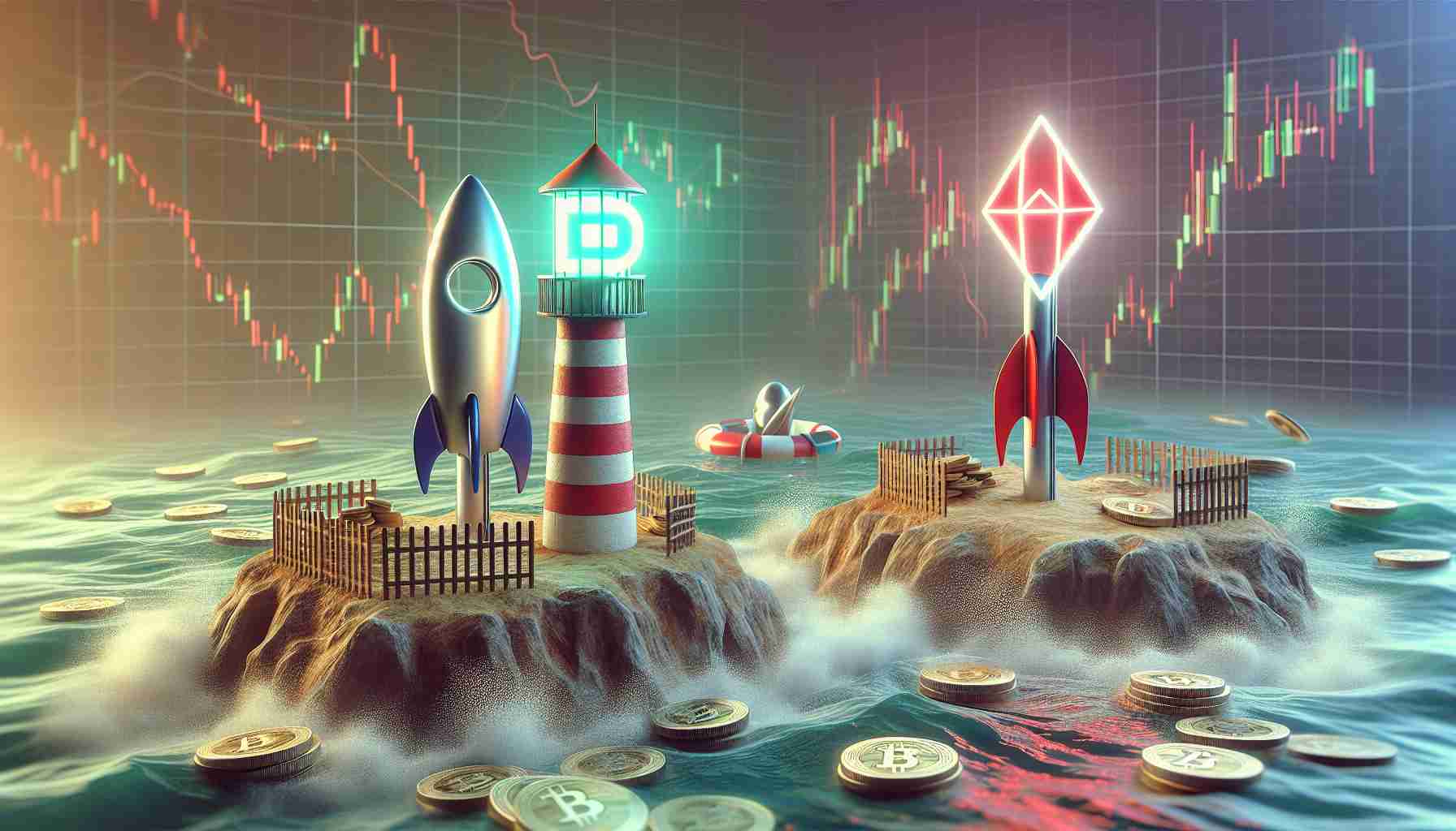 A photorealistic, high-definition image portraying the metaphorical impact of Securities and Exchange Commission's actions on staking tokens in the crypto market, as affecting two pseudonymous digital services represented by symbols of a lighthouse (for Lido) and a rocket by a pool (for Rocket Pool). Imagine a background hinting at financial graphs and charts. Please do not include any recognizable logos or brands.