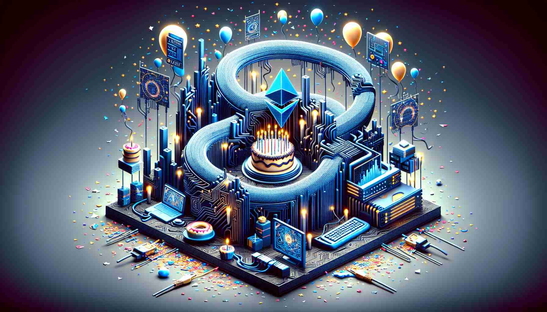 Generate a realistic, high-definition depiction of an abstract concept symbolizing the first anniversary of a Layer 2 Protocol for Ethereum, represented by the imaginary digital platform 'Base'. The image should feature elements associated with anniversaries and technology, such as digital landscapes, circuit boards, and ethernet cables intertwined with symbols of celebration like cake, balloons, and confetti.