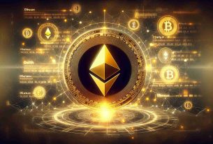 Generate a high definition, realistic image depicting the concept of Ethereum leading in protocol fee generation. Show a golden Ethereum logo in the foreground, surrounded by digital graphics representing data and fees. Behind it, faded, show the logos of other cryptocurrencies, indicating Ethereum's dominant position.