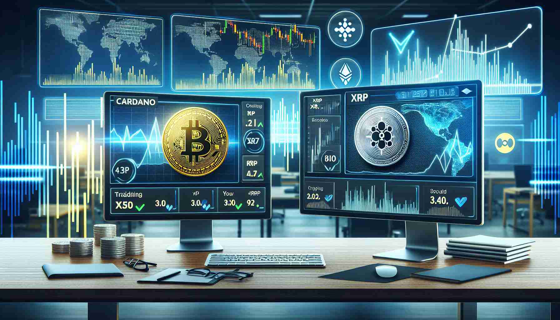 Create a realistic high-definition graphic representing the concept of a crypto analytics firm identifying two undervalued cryptocurrencies, XRP and Cardano. The image should contain elements such as graphs showing low trading values, computer screens displaying analytical data, and cryptocurrency logos. The overall setting should be a modern, technology driven workspace environment.